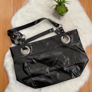 Black Patent Leather Tote Bag with Silver Hardware